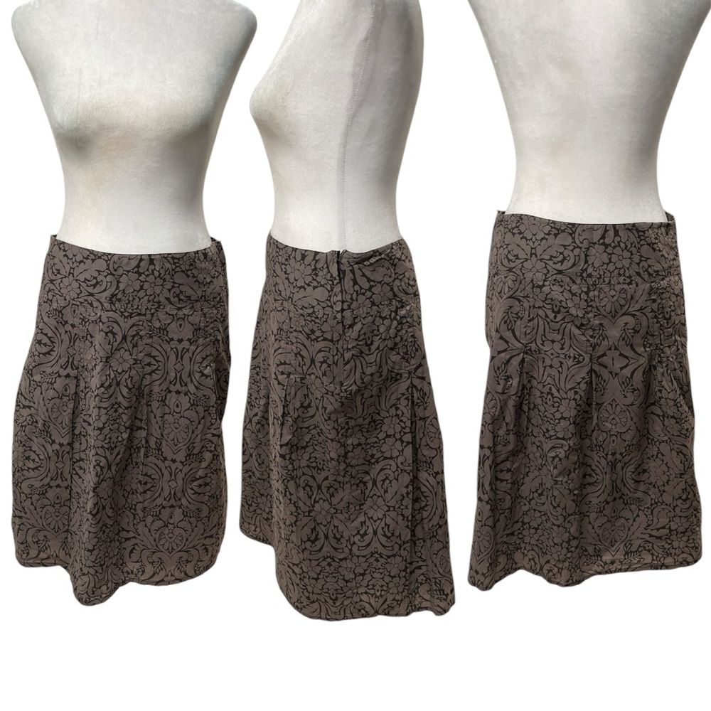 H&M 2 Tone Brown Paisley/Floral Print Pleated 100% Cotton Zip Side Skirt Size 6